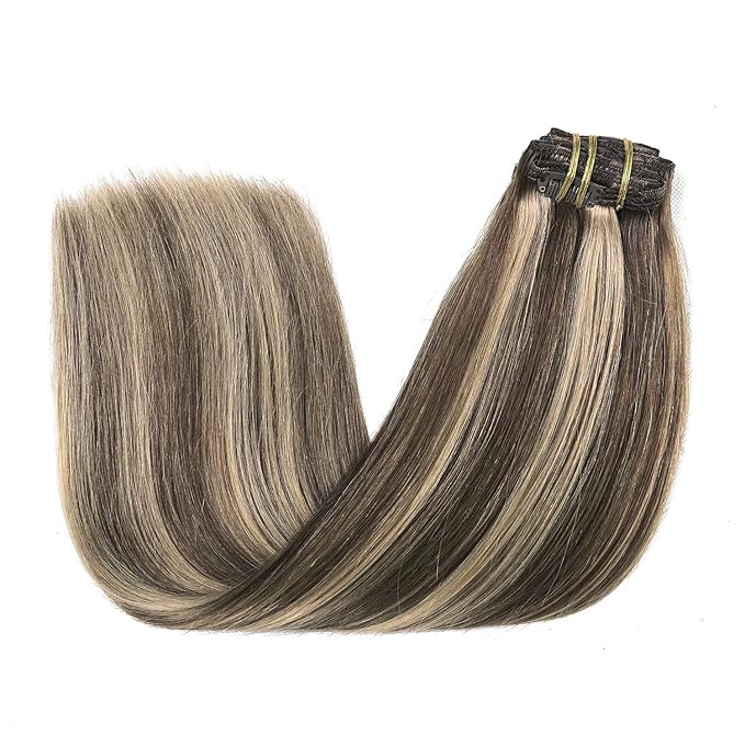 XDhair Clip in Extensions Human Hair 22 Inch 160g 7pcs Chocolate Brown to Caramel Blond Clip in Hair Extensions Real Human Hair for Women #4p27/22 inch