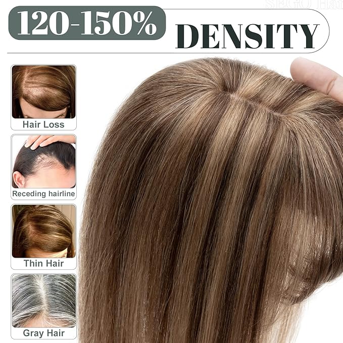 SEGO Hair Toppers for Women Real Human Hair with Thinning Hair, Toppers Hair Pieces Clip in Toppers Straight Hair Pieces with Front Bangs -14 Inch #4/27 Medium Brown Mix Dark Blonde