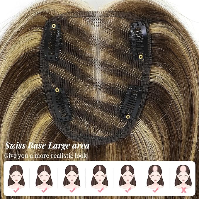 Hair Toppers for Women 12inch Hairpieces with 4x4.8 inch Large Swiss Base Hair Toppers for Hairloss(Medium Brown with Highlight)