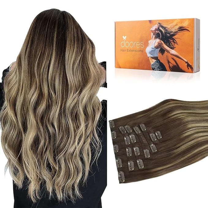 DOORES Hair Extensions Clip in Human Hair, Balayage Chocolate Brown to Honey Blonde 14 Inch 7pcs 100g, Real Hair Extensions Clip in Remy Straight Balayage Natural Thick Weft