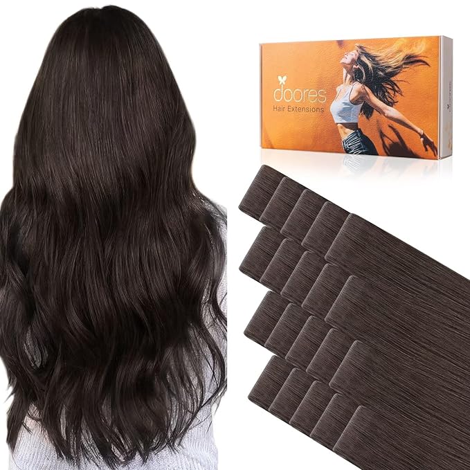 DOORES Invisi Edge Human Hair Tape in Extensions, Light Dark Brown 10 Injection Tape-ins with 10 Injection Tape-ins 50g 14 Inch, Injected Tape in Extensions Virgin Hair Thick Ends