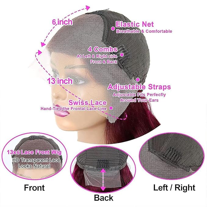 20Inch 99j Burgundy Lace Front Wigs Human Hair 13x6 HD Straight Glueless Lace Frontal Wigs for Women 180% Density Pre Plucked with Baby Hair Wine Red Wigs Human Hair