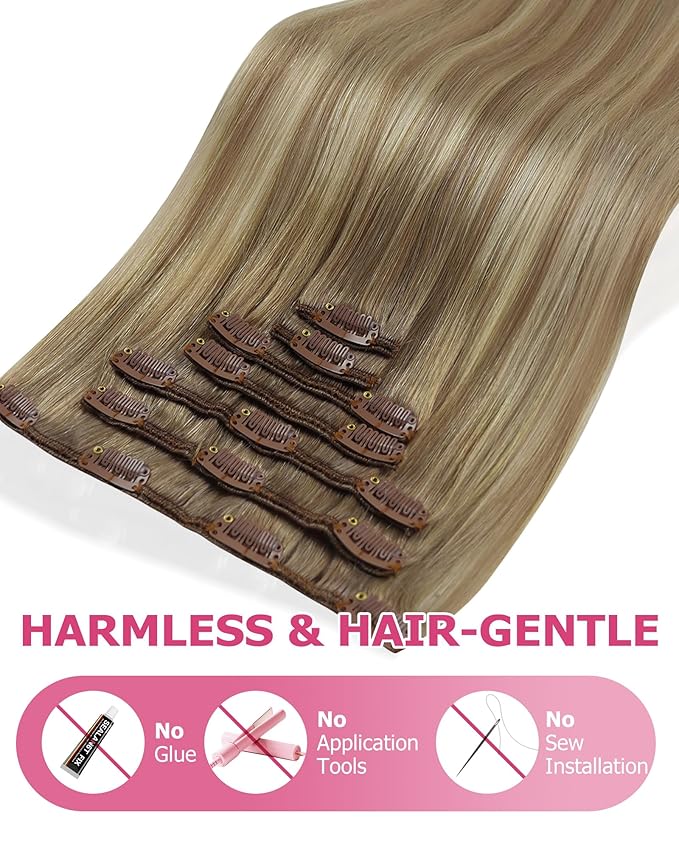 YoungSee Human Hair Clip in Extensions Balayage Light Brown Mix Blonde Invisible Clip in Hair Extensions Human Hair Light Brown Real Human Hair Extensions Clip ins for Full Head 22Inch 7Pcs 120G