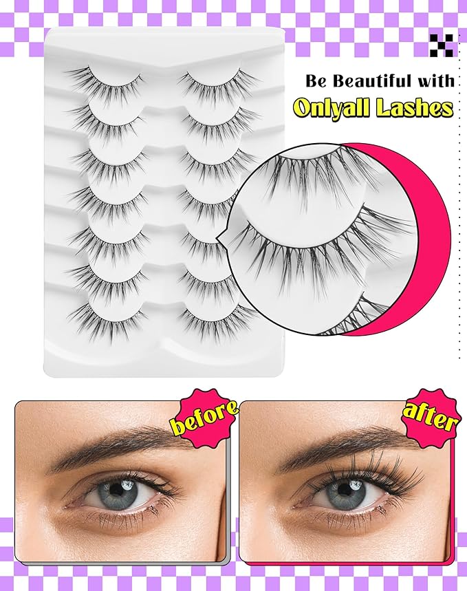 Onlyall Wispy Lashes - Natural Flared False Eyelashes, Soft Fluffy, 7 Pairs DK56
