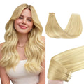 GOO GOO Tape in Hair Extensions Human Hair, 18AT60A Pearl Ash Blonde Highlights, 14inch 50g 20pcs, Skin Weft Seamless Invisible, Silky Straight with Thick Ends, Remy Human Hair