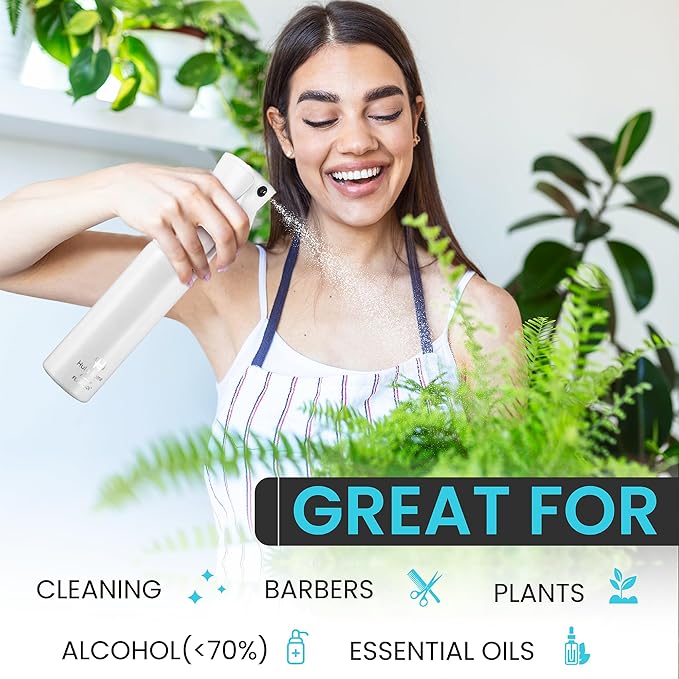 Hula Home Spray Bottle for Hair (10.1oz/300ml) - Powered by Flairosol® Spray Technology - Continuous Ultra Fine Mist Sprayer – For Hairstyling, Cleaning, Salons, Plants, Essential Oil - All White