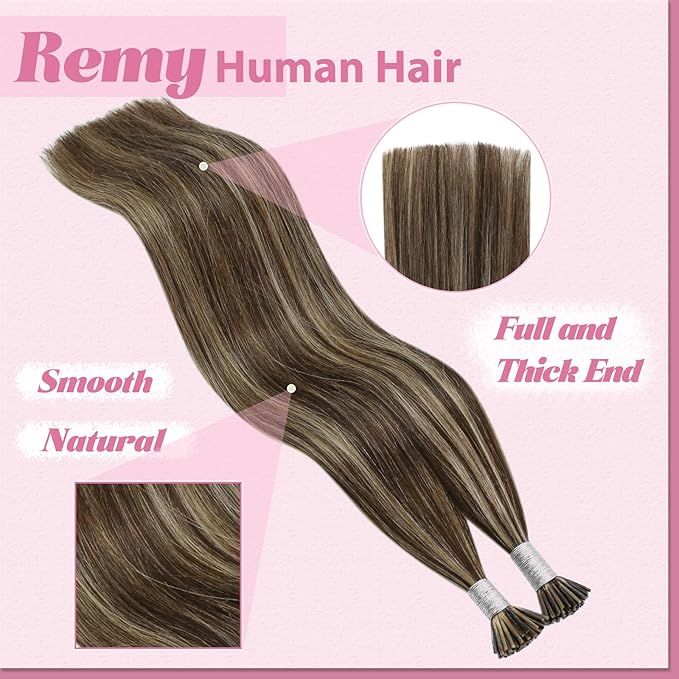 YoungSee I Tips Hair Extensions Real Human Hair Highlight I Tip Hair Extensions Dark Brown Highlighted Blonde Itips Hair Extension Remy for Office 22 Inch 50g 50s