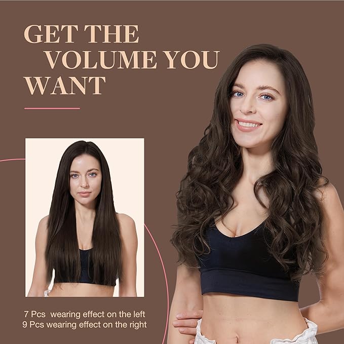 GOO GOO Clip in Hair Extensions Real Human Hair, Remy Human Hair Extensions Clip ins for Women, Natural Human Hair, 16inch 150g 9Pcs, 2A Light Brown