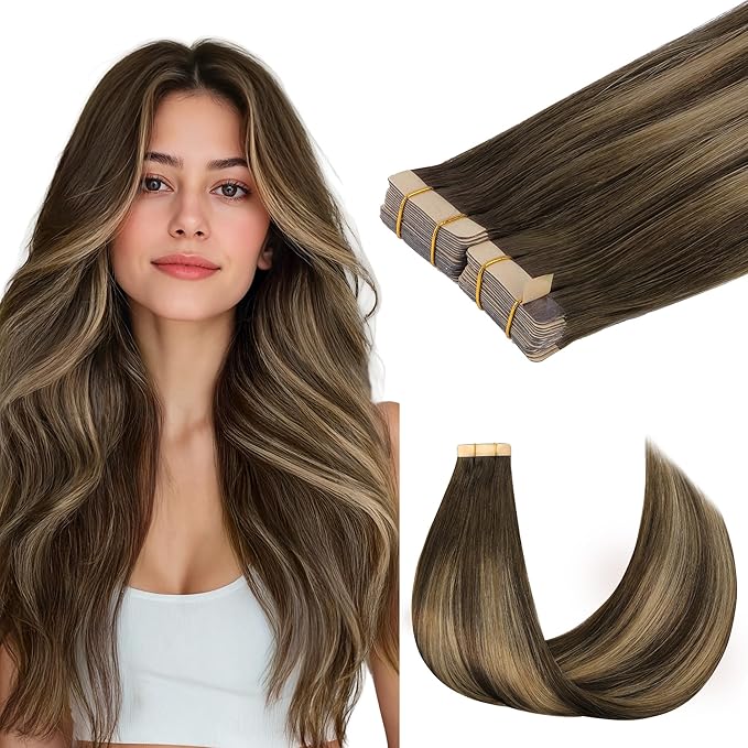 GOO GOO Tape in Hair Extensions Human Hair, 4/27/4 Balayage Chocolate Brown to Caramel Blonde, 24inch 100g 40pcs, Skin Weft Seamless Invisible, Silky Straight with Thick Ends, Remy Human Hair