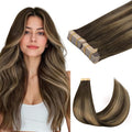 GOO GOO Tape in Hair Extensions Human Hair, 4/27/4 Balayage Chocolate Brown to Caramel Blonde, 16inch 100g 40pcs, Skin Weft Seamless Invisible, Silky Straight with Thick Ends, Remy Human Hair