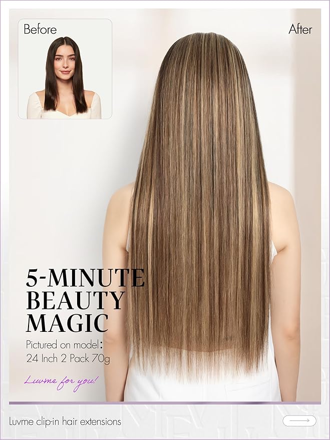 LUVME Clip in Hair Extensions, Straight Seamless 20 Inch 70g 4Pcs Chestnut Brown, 100% Real Remy Human Hair, Soft Natural Full Max Invisible Comfortable Hair Extensions for Women