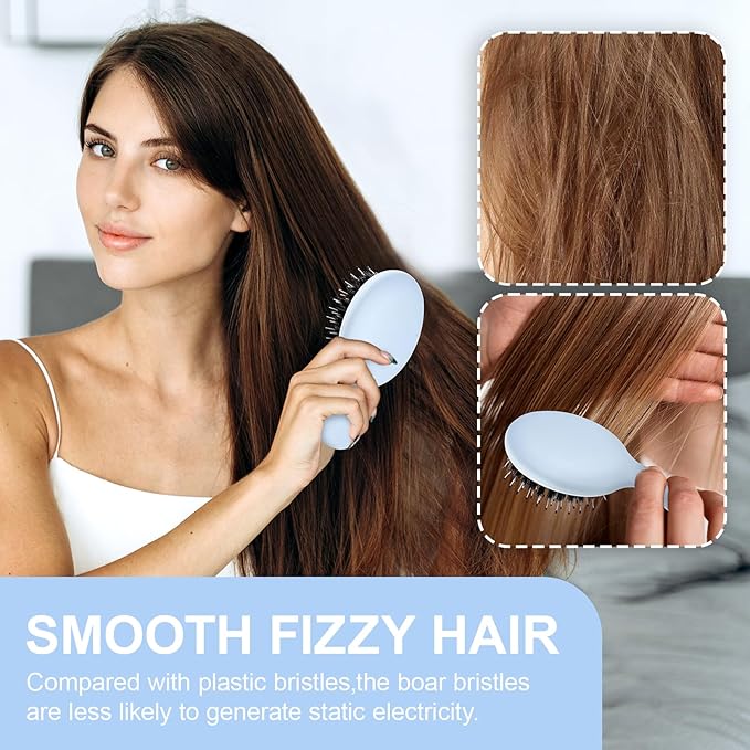Mini Boar Bristles Hair Bursh, Travel Size Hair Brush for Women Men Kids, Protable Small Hair Brushes for Pockets Purses, Mini Hair Brush for Smooth Add Shine (1 Pack-Blue)