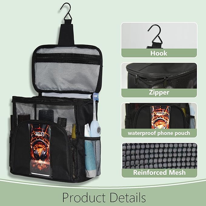 Mesh Shower Caddy, Portable Shower Bag Tote, Hanging Quick-Dry Toiletries Box Suitable for University Dormitories, Bathrooms, Gyms, Travel, Camping, Swimming, and RVs (Black)