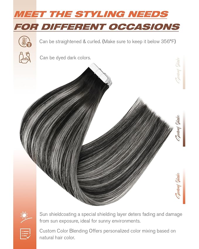 Sunny Hair Tape in Hair Extensions Real Human Hair Invisible Remy Hair Extensions Tape ins for Women Natural Black Roots to Silver Grey Balayage 22 inch 20Pcs 50G