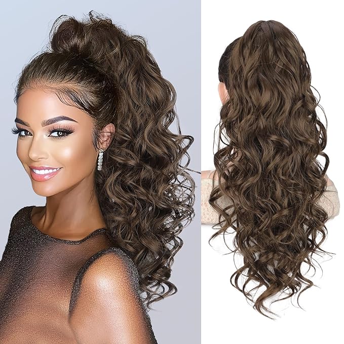 QGZ 20" Wavy Ponytail Extension, Claw Clip Ponytail Hair Extension, Natural Synthetic Hairpiece for Women Daily Use(Ginger Brown)