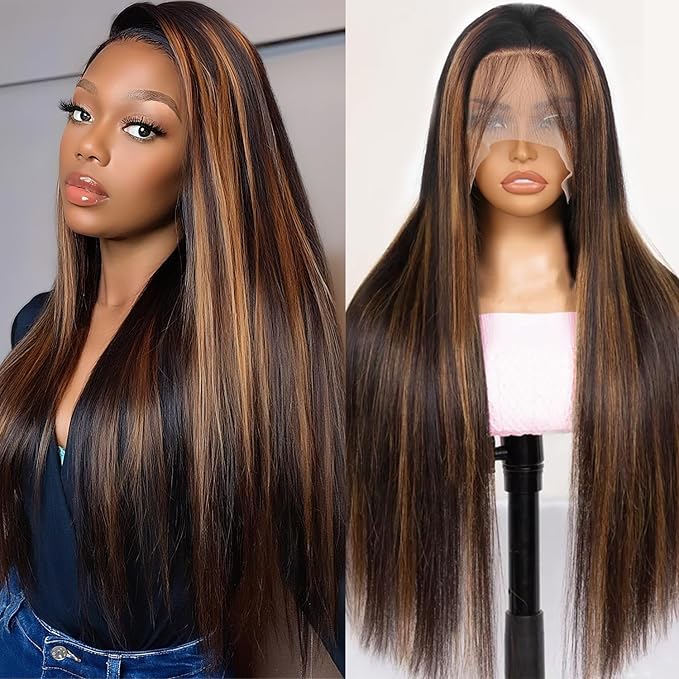Ombre Lace Front Wig Human Hair Highlight Straight Lace Front Wigs Human Hair Pre Plucked 13x4 Transparent Lace Frontal Wig 200 Density Glueless 1B/30 Highlighted Wig 20 Inch