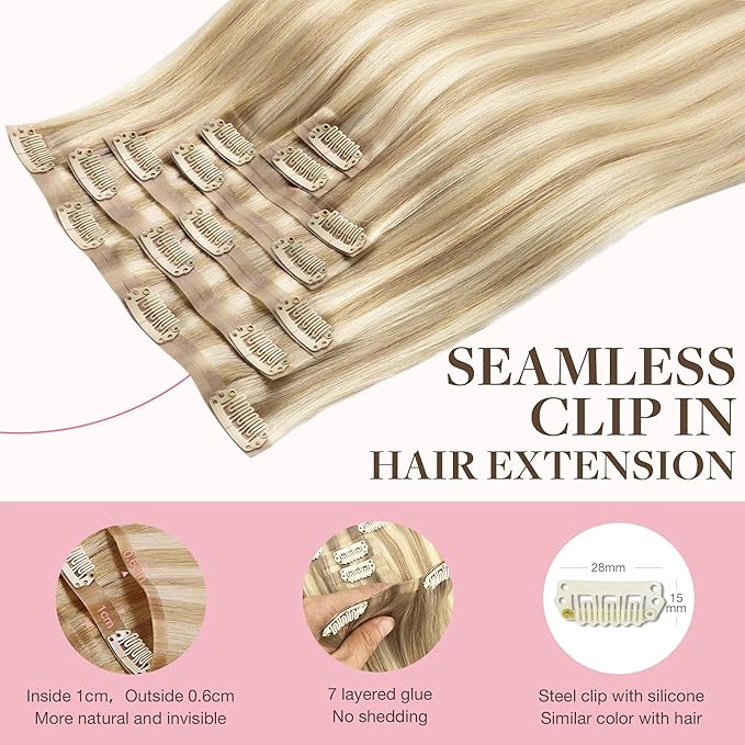 GOO GOO Clip in Hair Extensions Real Human Hair, Remy Human Hair Extensions Clip ins for Women, Natural Human Hair, 20inch 110g 7Pcs, 18A/613A Dark Blonde Highlighted Bleach Blonde