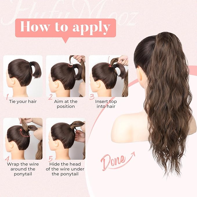 Flufymooz Ponytail Extension, Flexible Wrap Around Ponytail Extension Long Wavy Curly Ponytail Hair Extensions Natural pony tail Synthetic Hairpiece for Women 26 Inch (Cool Blonde)
