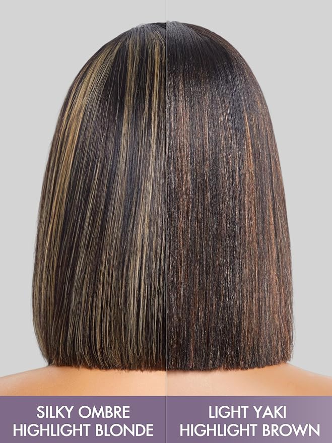 LUVME HAIR 10 Inch Blonde Highlight Bob Human Hair Wig with Bangs Glueless HD Lace Bang Wig True Scalp Ready to Go Silky Straight Highlight Human Hair Short Wig with Bangs (Breathable Cap)