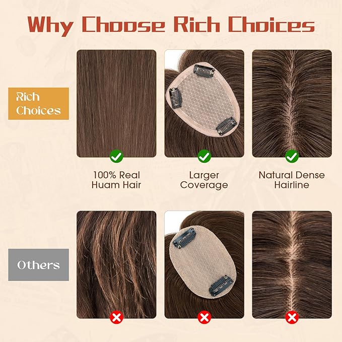 Rich Choices Human Hair Toppers for Women-100% Real Remy Hair Topper No Bang-Upgraded 150% Density 9 * 12CM Lace Base-Clip in Hairs Topper for Thinning Hairs-10Inch #2R Chocolate Brown