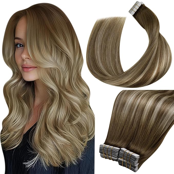 LaaVoo Tape in Human Hair Extensions Ombre Hair Extensions Tape in Balayage Brown to Blonde with Light Brown Tape on Extension Silky Straight Hair 18 Inch 40pcs 100g