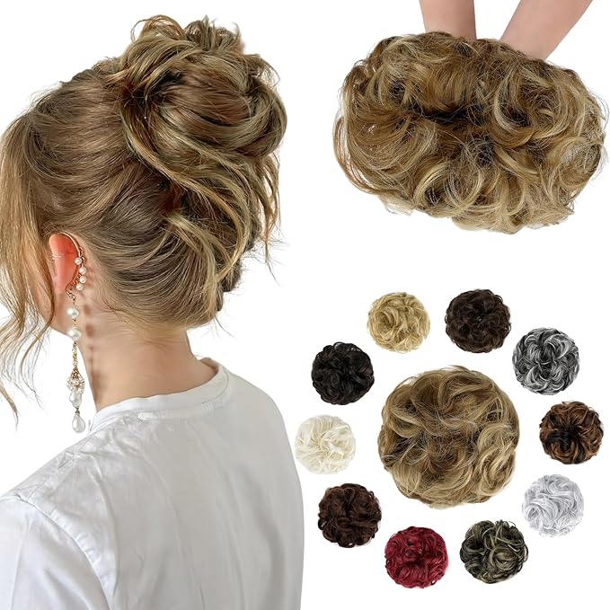 Messy Bun Hair Piece Wavy Curly Scrunchies Fluffy Donut Thick Updo Elegant Chignon Hairpieces for Women Girls, Ash Blonde Mix Ginger Brown 1.4oz