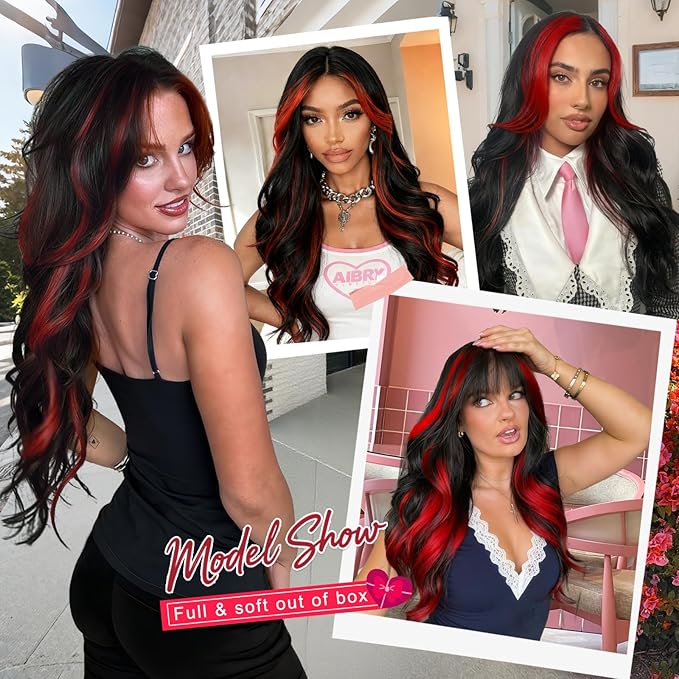 ALXNAN Long Wavy Hair Extensions for Women, Clip in Hair Extensions Clip Ins Soft Full Head Synthetic Hairpieces 20 Inch Black Mix Rose Pink Highlights