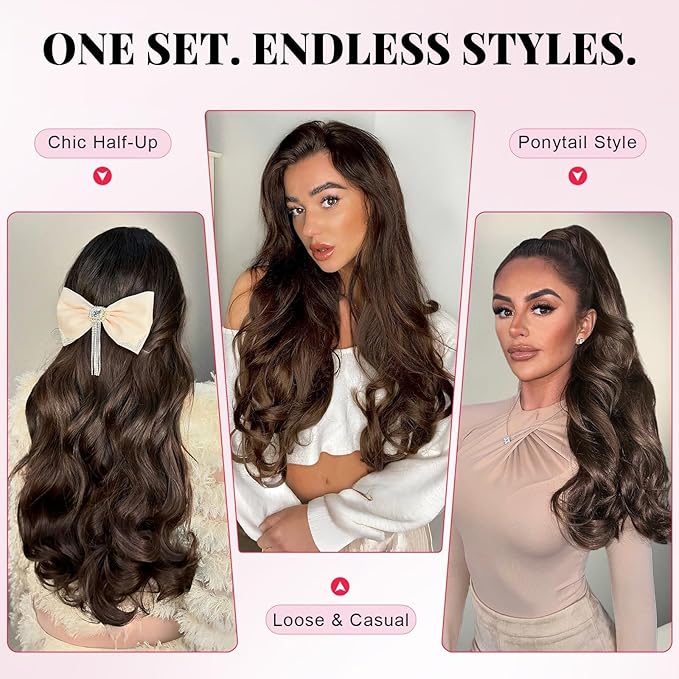 ALXNAN Long Wavy Hair Extensions for Women, Clip in Hair Extensions Clip Ins Soft Full Head Synthetic Hairpieces 20 Inch Medium Brown Ash Blonde