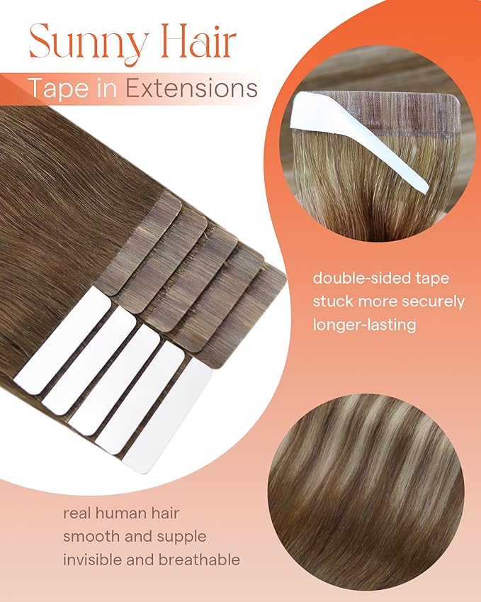 Sunny Hair Tape in Hair Extensions Real Human Hair Invisible Remy Hair Extensions Tape ins for Women Medium Brown Ombre PLatinum Blonde Balayage 22 inch 25G