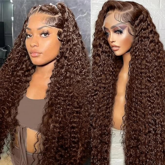 30 Inch Chocolate Brown Deep Wave Lace Front Wigs Human Hair Pre Plucked 200% Density 13x6 HD Lace Frontal Wigs with Baby Hair Deep Curly Wet and Wavy Glueless Wigs for Women (4# Brown, 30 Inch)