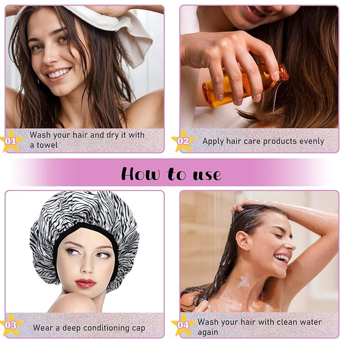 2 Pcs Double Layer Deep Conditioning Cap, Aluminum Foil Hair Heat Cap Reusable Shower Caps Steam Caps for Hair Treatments Home and Salon Use(Pink+Striped)