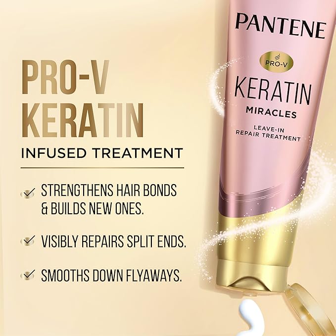 Pantene Keratin Leave-In Conditioner with Argan Oil, Protein Treatment for Dry, Damaged & Color-Treated Hair, Repairs Split Ends & Protects from Damage, Formaldehyde-Free, 8.4 Fl Oz