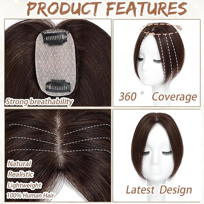 Amchoice Hair Toppers for Women Real Human Hair, Bangs Hair Clip 360° 3D Cover Bangs, Human Hair Toppers for Women Daily(Medium Brown, 3D Side Bangss (5 * 9))