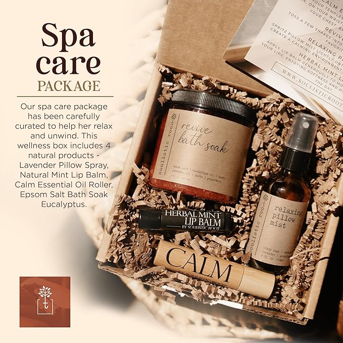 SOULISTIC ROOT Spa Kit for Women – Relaxing Self Care Gift Set with Lavender Pillow Spray, Mint Lip Balm, Calm Essential Oil Roller & Epsom Salt Bath Soak – Luxury Pampering Package for Home & Bath