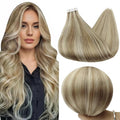 Full Shine Tape in Hair Extensions Golden Blonde Highlighted Medium Blonde 14 Inch Tape in Human Hair Extensions 50 Gram 20pcs Seamless Remy Straight Hair Real Natural Add Volume Double Sided Tape