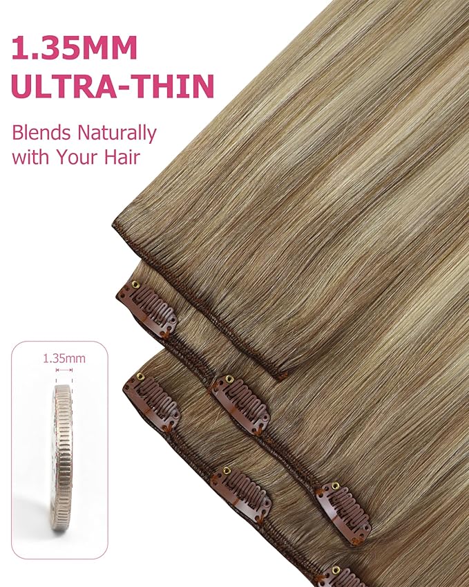 YoungSee Hair Extensions Clip ins Light Brown Mix Platinum Blonde Balayage Clip in Hair Extensions Light Brown Roots Clip in Extensions Real Human Hair for Short Hair 12In 7Pcs 85G