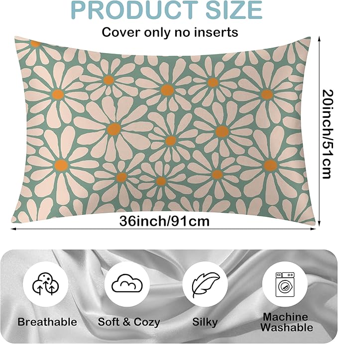Satin Pillowcase 1 Pack-Boho Daisy Flowers Floral Groovy Retro Silky Pillow Cover for Hair and Skin,King Size 20x36 Inch Soft Cooling Printed Pillow Cases with Hidden Zipper,Gifts for Women Men