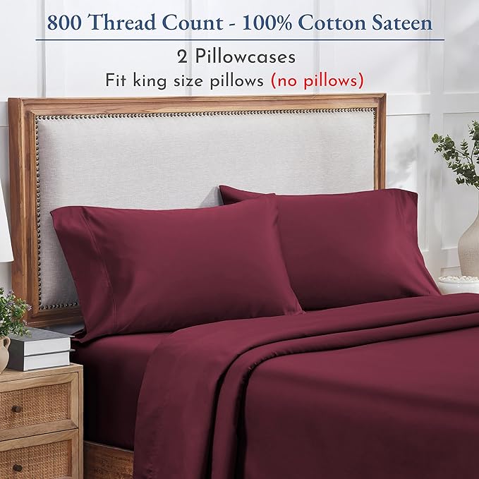 California Design Den King Size Pillows Cases Set of 2 - Luxuriously Soft and Thick 800 Thread Count, Smooth Sateen, Natural 100% Cotton King Pillowcase Pair, Durable - Red Wine