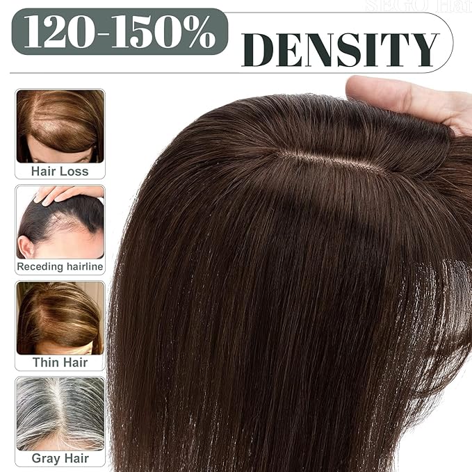 SEGO Hair Toppers for Women Real Human Hair, Clip In Topper Pieces with Front Bangs for Thinning Hair, Straight, 150% Density, Silk Base, 8 Inches,#2 Dark Brown