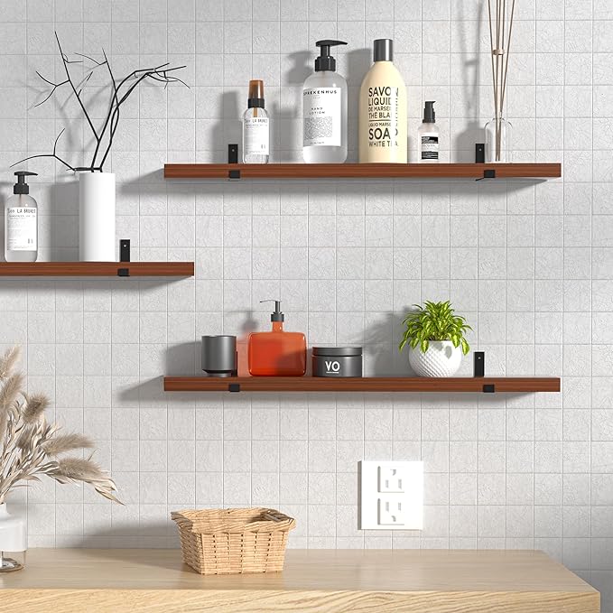 CONSDAN Floating Shelves for Wall Mounted Book Shelf Hanging Shelves Floating Bookshelf for Bedroom, Bathroom, Living Room, Kitchen USA Grown Solid Hardwood, Dark Maple 48x7.5x1.5 in (Set of 3)