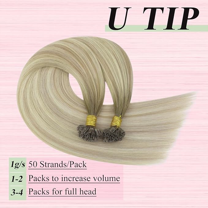 YoungSee U Tip Hair Extensions Human Hair Balayage Ash Blonde with Platinum Blonde Hair Extensions Utips Human Hair Blonde 22In 1G/S 50G