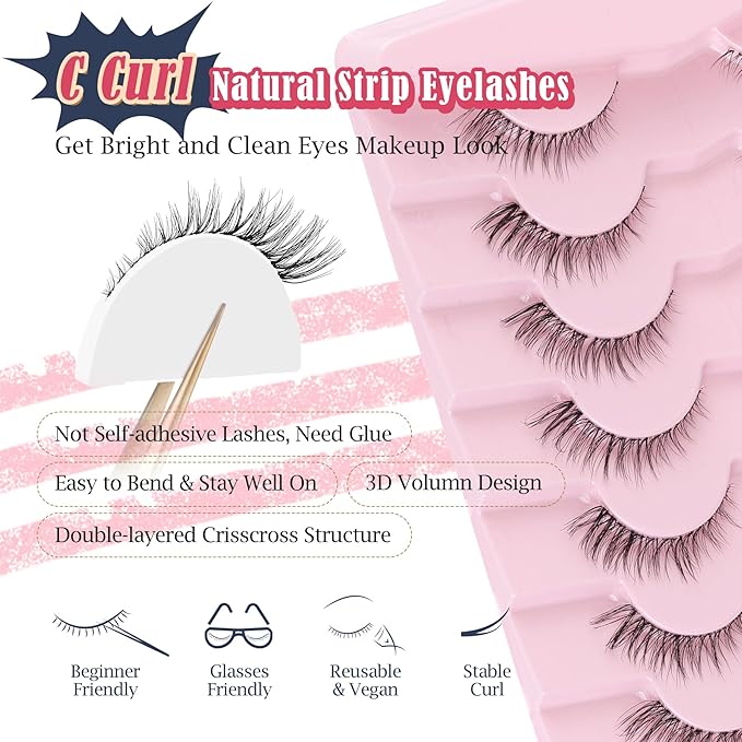 Cat Eyelashes Natural Eye Lashes 12mm False Lashes Wispy Thin Band 3D Volume Fake Eyelash C Curl Lash Pack Natural Look 7 Pair