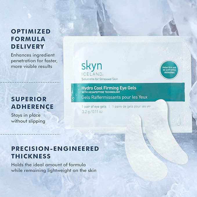 skyn ICELAND Hydro Cool Firming Under Eye Patches, Instant Cooling for Puffy, Tired Eyes with Peptides and Coenzyme Q10, 10 Minute Treatment, Vegan, All Skin Types, 8 Pairs