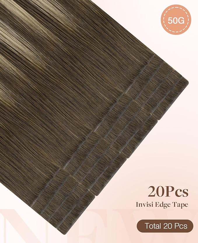 GOO GOO Invisi Edge Tape in Hair Extensions Human Hair, 4/26/4 Balayage Chocolate Brown to Honey Blonde, 20pcs 16inch 50g, Virgin Remy Hair, Seamless Injected Tape, Natural Look