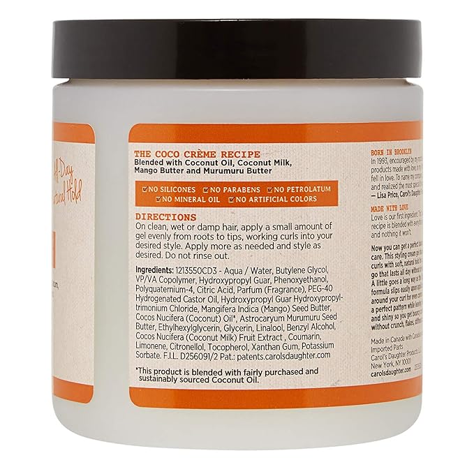Carol’s Daughter Coco Creme Curl Shaping Cream Gel, with Coconut Oil, Coconut Milk, Hair Gel for Curly Hair , Silicone, Paraben and Mineral Oil Free, For Very Dry Split Ends, 16 Oz