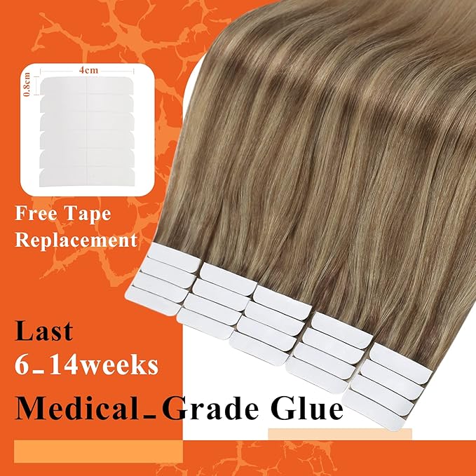 Full Shine Tape in Hair Extensions Human Hair 14 Inch Balayage Hair Extensions Real Human Hair Tape in 50Grams 20Pcs 10/16/16 Highlights Golden Brown Mixed Golden Blonde Skin Weft Hair Extensions