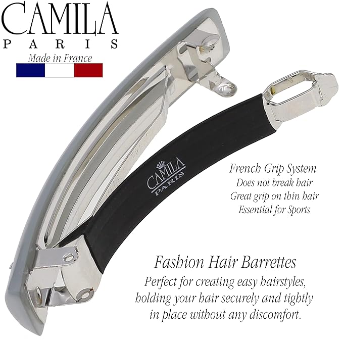 Camila Paris CP3453 French Hair Barrette Clip for Girls Gray, Rubberized Metal Clasp Strong Hold Grip Hair Clips for Women, No Slip Durable and Styling Girls Hair Accessories, Made in France