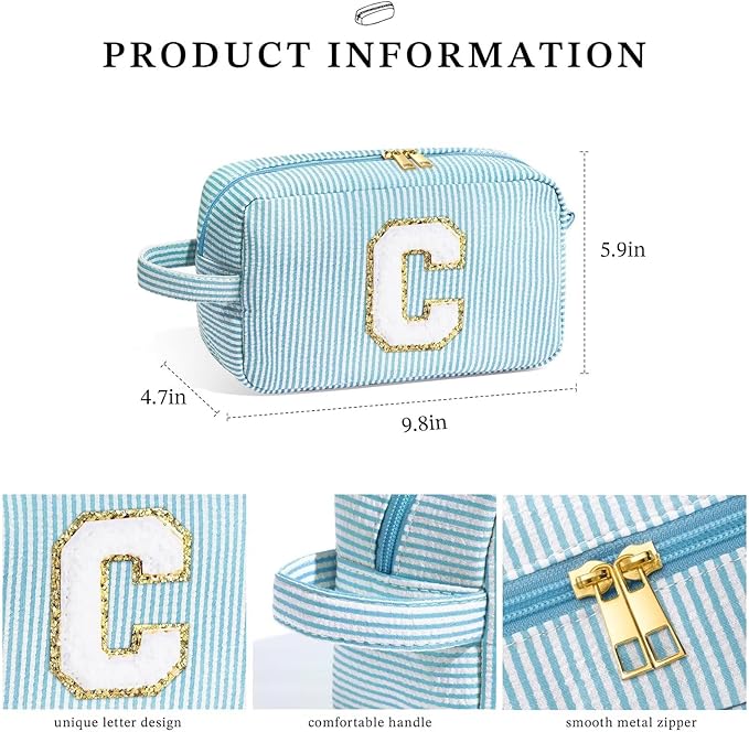 YOOLIFE Makeup Bag - Initial Monogram Cosmetic Bag, Personalized Blue Makeup Pouch Case for Women