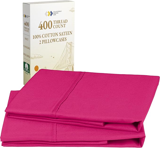 California Design Den Standard/Queen Size Pillow Cases Set of 2-400 Thread Count Sateen, Natural 100% Cotton Pillow Cases Standard Size, Soft, Roomy and Breathable - Hot Pink