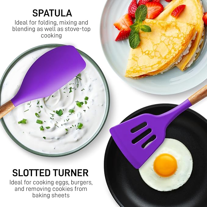 Zulay Kitchen Non-Stick Cooking Utensils Set with Authentic Acacia Wood Handles – 5-Piece Durable & Stylish Silicone Kitchen Utensils Set – Heat Resistant to 464°F – Purple